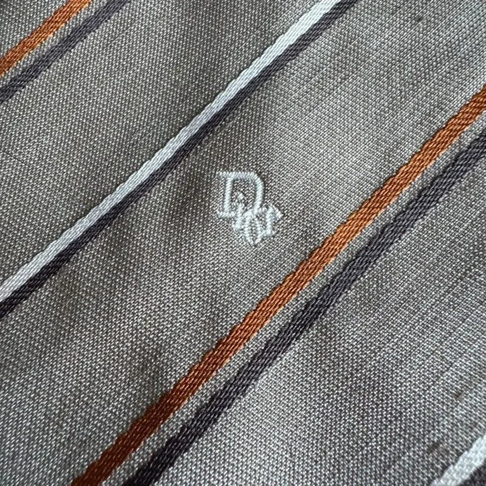 Christian Dior Vintage Stripe Tie Polyester Linen Tan Brown Orange Embroidered